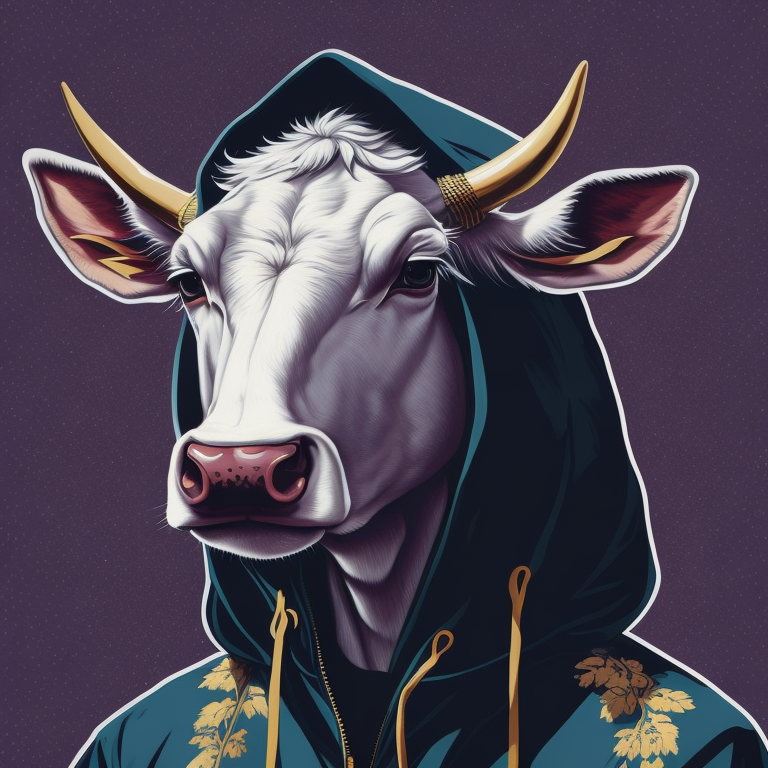 white cow,portrait, blue hoodie, in violet hoodie, vintage, photorealistic illustration, vector, flat, isolated on white background, Painting, Oil, Still Life, Botanical, Italy, Acrylic, Hip Hop, y George Wilson is an eye-catching poster-style drawing and illustration representing the iconic pulp style.