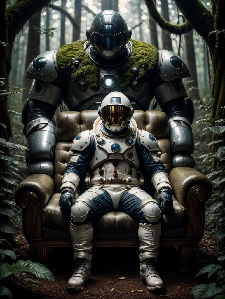 Spaceman sitting on a couch in the middle of a dark forest