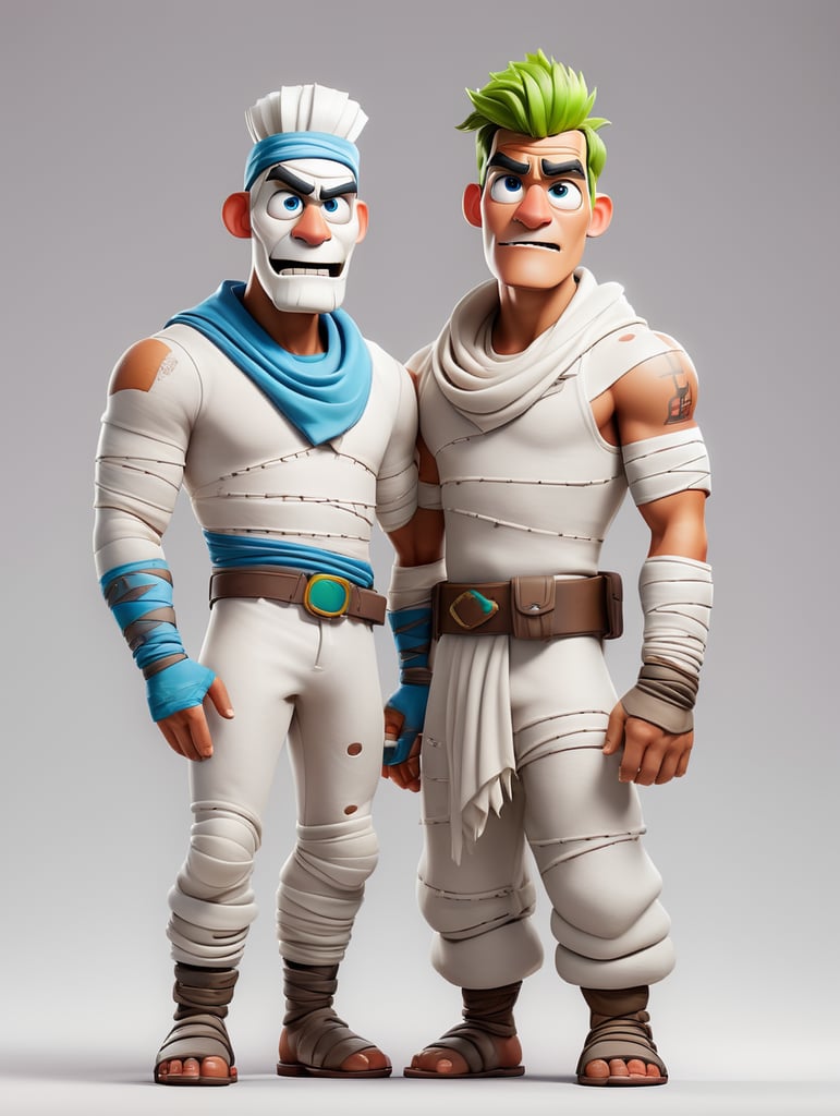 A photograph of mummy costume covered in bandages for a male character with fortnite style, halloween costume, white background, full body