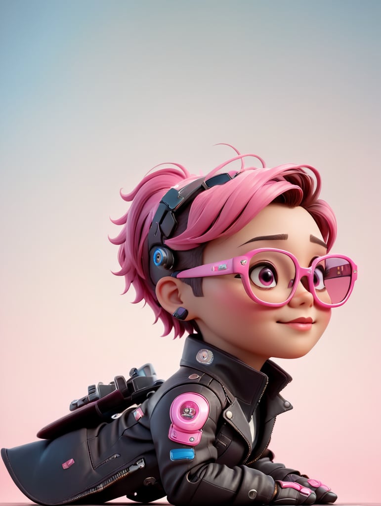 cyborg android, dressed in pink glasses and a leather jacket
