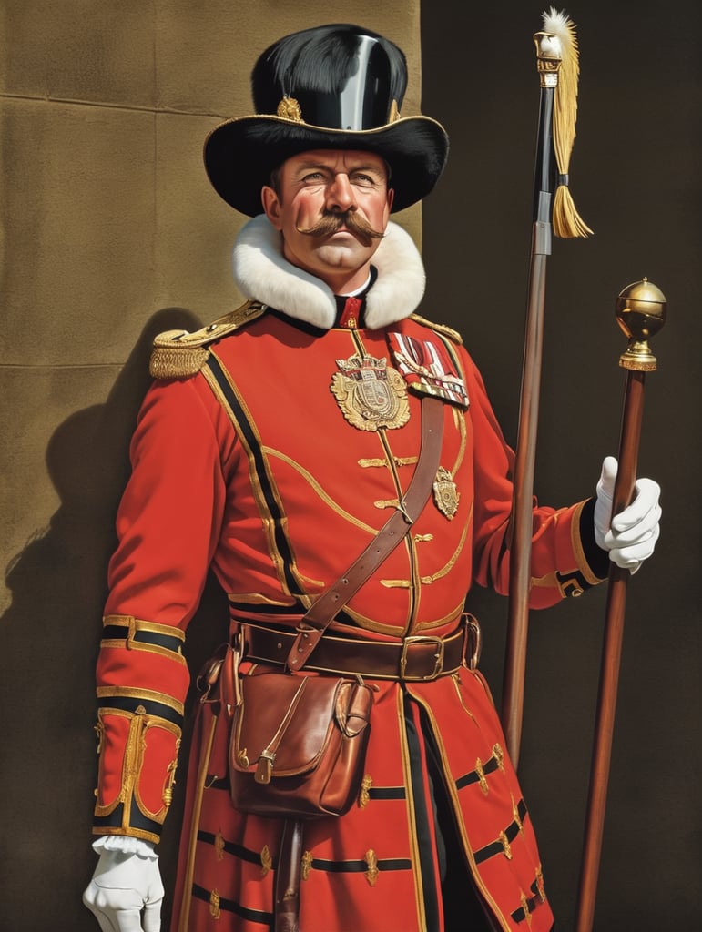 Retro poster of a Beefeater man, ceremonial guard of the Tower of London.