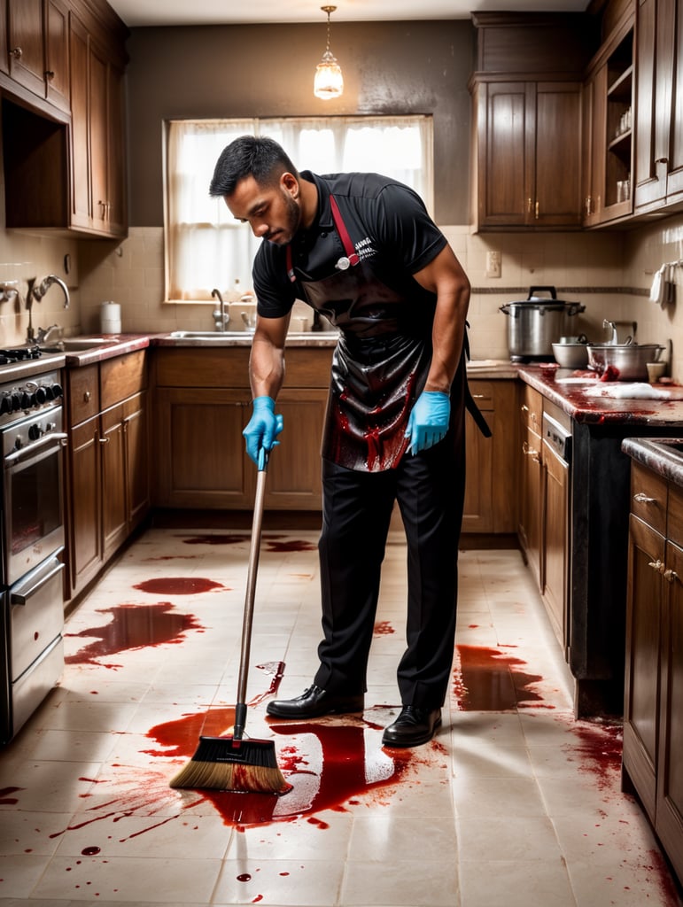 Butler cleaning a bloody kitchen