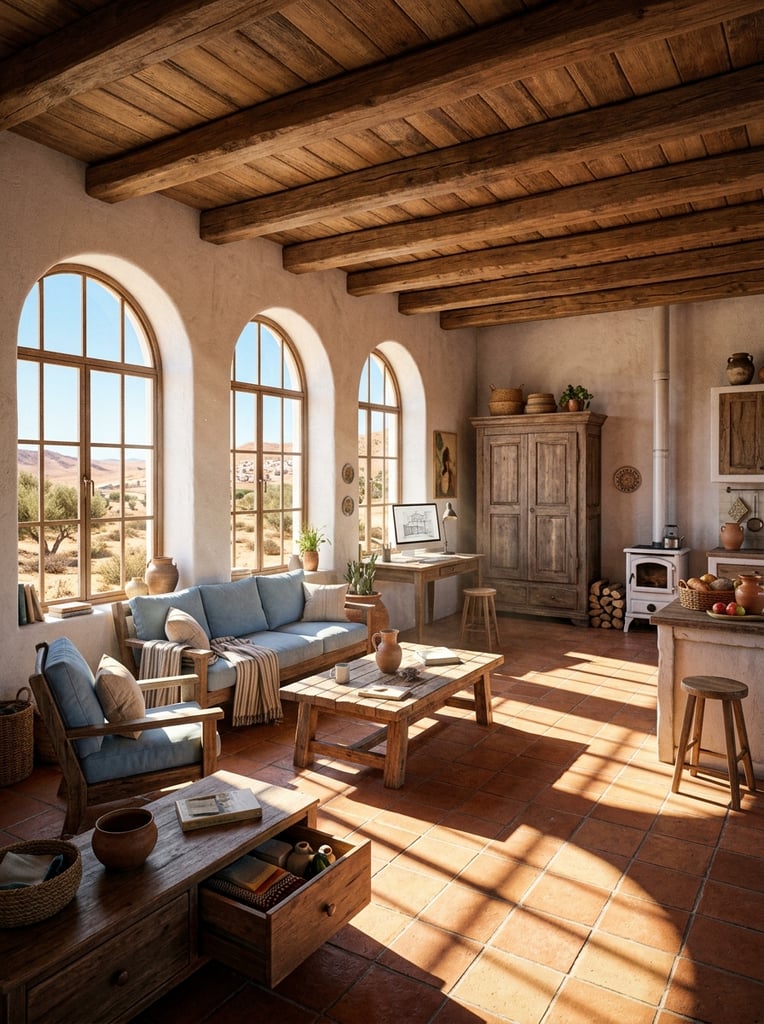 rustic sunlit living space, wooden beamed ceiling, tiled floor, bright warm sunlight streaming through three arched windows, long distinct shadows across tiles, wooden seating with pale blue cushions, central wooden coffee table, open foreground drawer, wooden wardrobe, desk with computer monitor, white wood-burning stove, kitchen counter with woven basket and wooden stool, arid landscape visible outside, 3D concept art rendering, warm earthy color palette, high contrast lighting