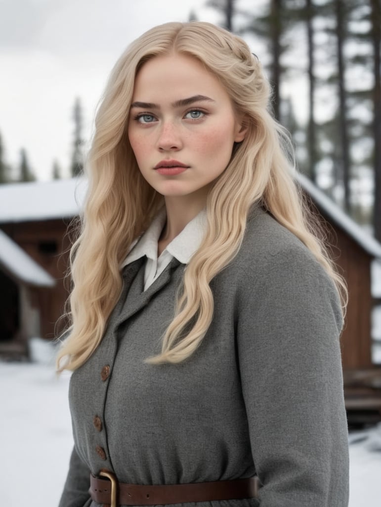 We live in 1910s Finland in a small village in Lapland. Our character is Selma, 22 years old. Selma, on the other hand, had inherited Father’s looks – angular and harsh. Selma had blonde hair, long and thick and wavy. She has grey eyes, almond-shaped. She is pale as most Finnish people are and has freckles. Many considered her ugly. She didn’t care. Picture Selma in a scene where her village is burning. Selma's wearing men's clothes because she's planning on escaping her family later that night, and men's clothes are handier for riding a horse. Selma's a very angry person, always looking cold and annoyed and harsh. She's poor, so her looks are ragged. Selma's quite tall for a woman, but still has some feminine curves.