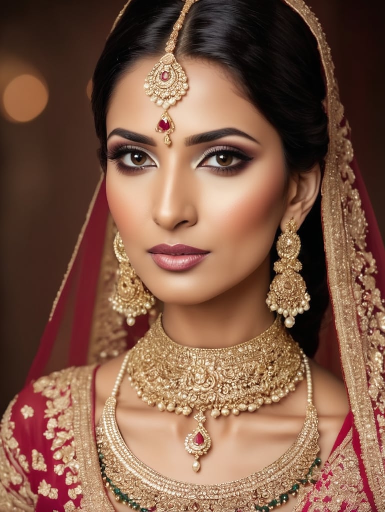 A indian Bride wearing wedding suit long neck, Jewelry, Makeup,