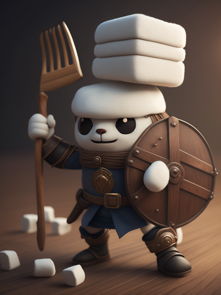 Cute marshmallow warrior illustration holding a wooden fork and a wooden shield