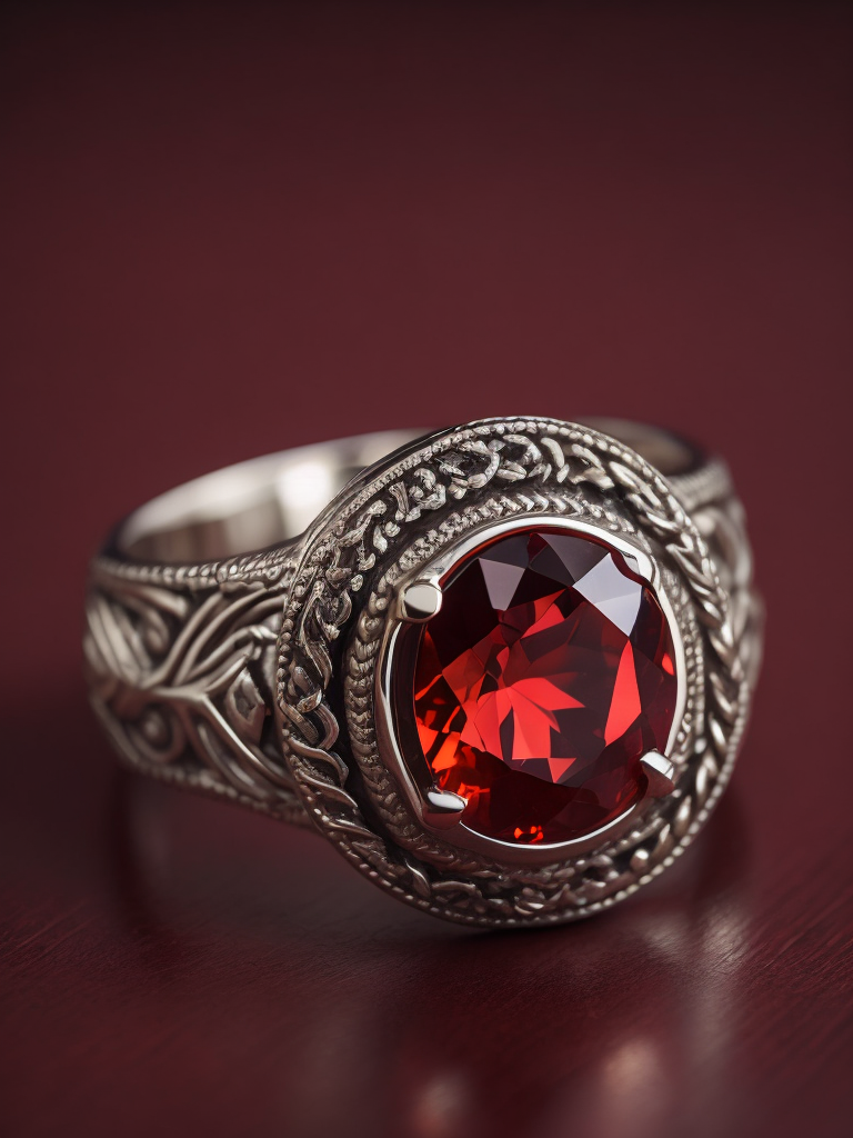 Royal silver ring with ruby, fantasy style, bright red background, rich colors, contrasting light, deep colors, high details