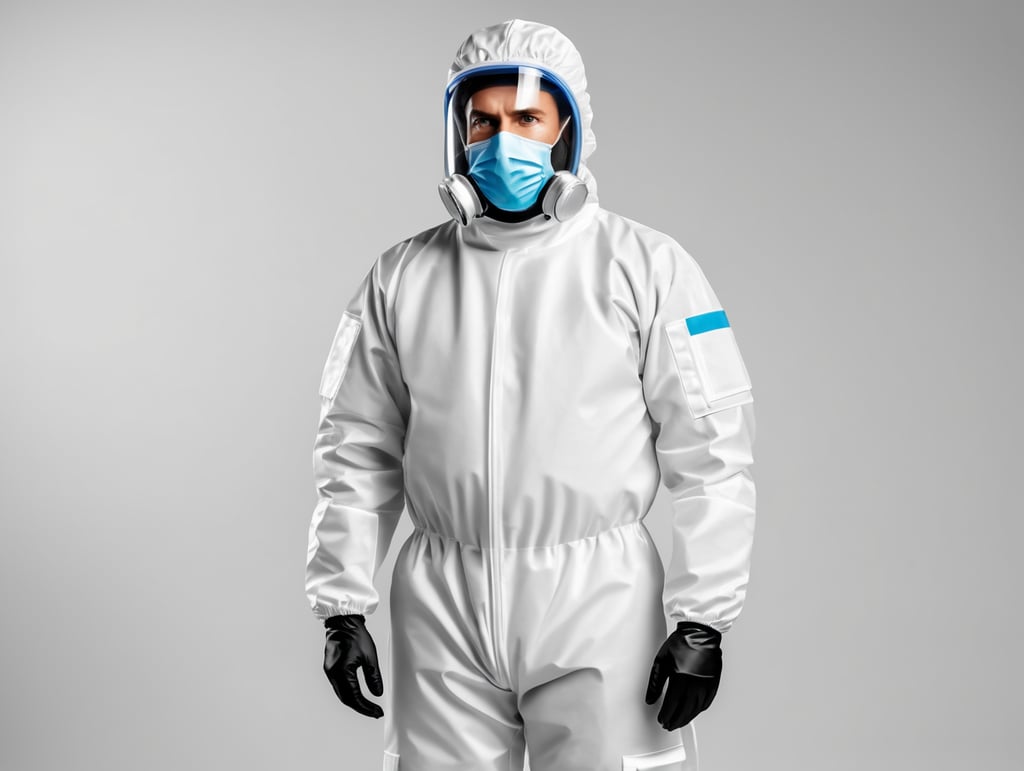 A realistic photo of a man wearing medical protective suit, isolated, white background