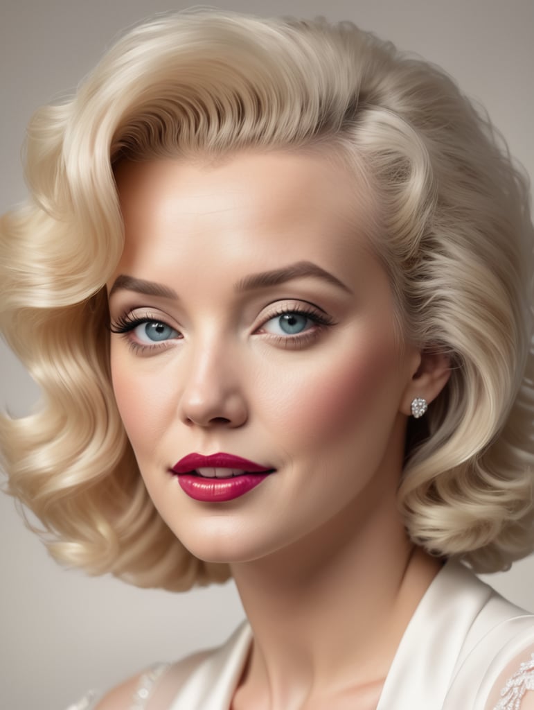 Portrait of Marilyn Monroe, ultra realistic, blonde hair, white dress, bright makeup, gradient background,