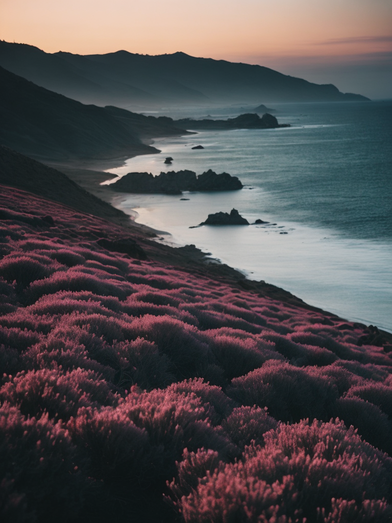 Blurry landscape of the pink sea at dawn