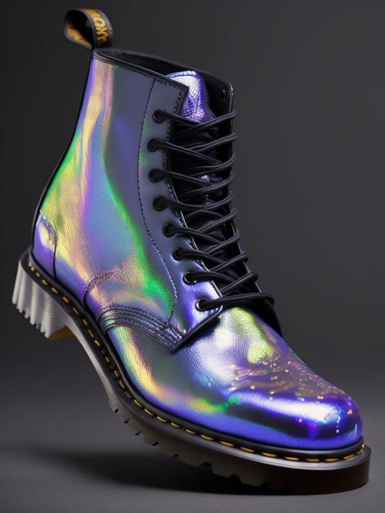 MADE OF IRIDESCENT FOIL + a holographic transparent shoe by dr.martens, octane render, blender, realistic, detailed