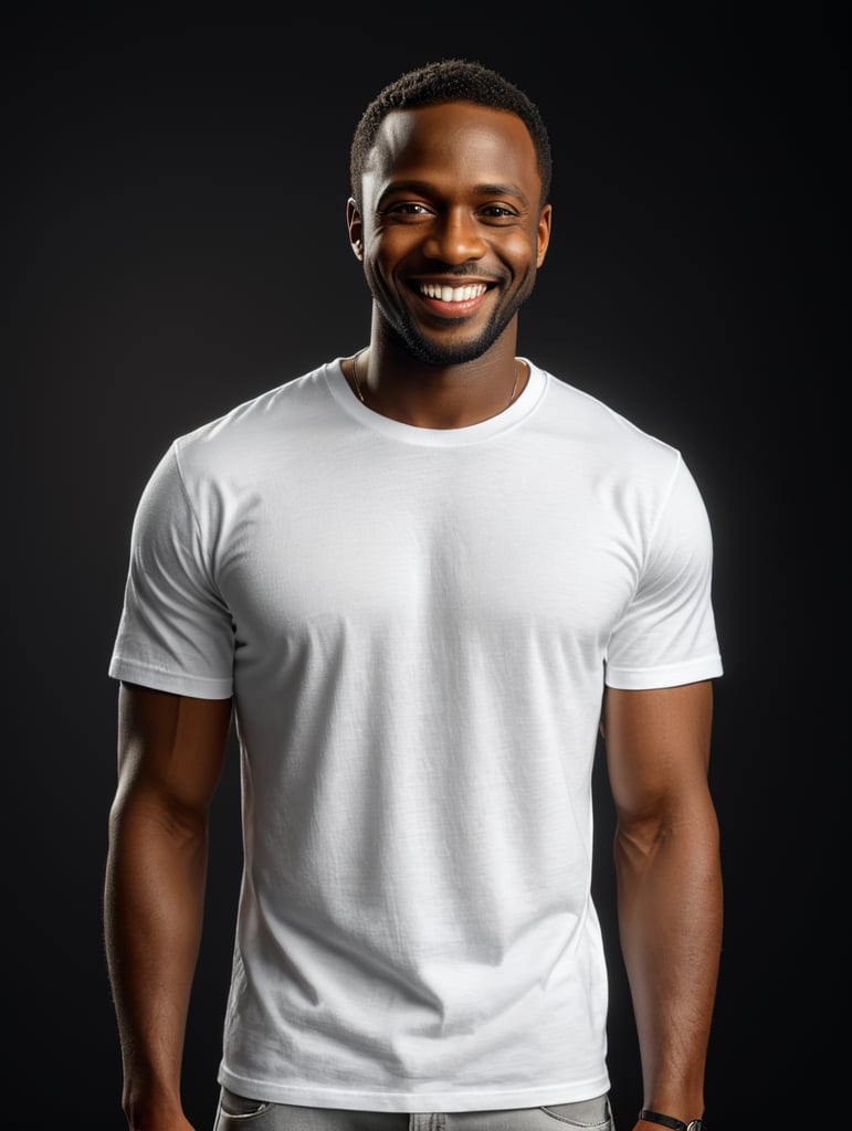 a black African man wearing white t-shirts, standing in front of black background, blank shirt no print, smiling, photo for apparel mock-up