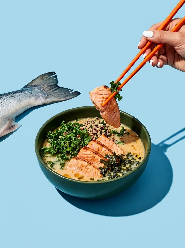 A dark green ceramic bowl of creamy broth topped with sliced salmon, vibrant kale, mixed grains, and seaweed. A hand with white fingernails reaches from the upper right, using bright orange chopsticks to lift a piece of fish. A raw, silver-scaled fish tail extends leftward from behind the bowl. Set against a solid light blue background, hard directional studio lighting creates crisp, high-contrast drop shadows to the lower right, emphasizing the bold graphic arrangement and saturated colors.