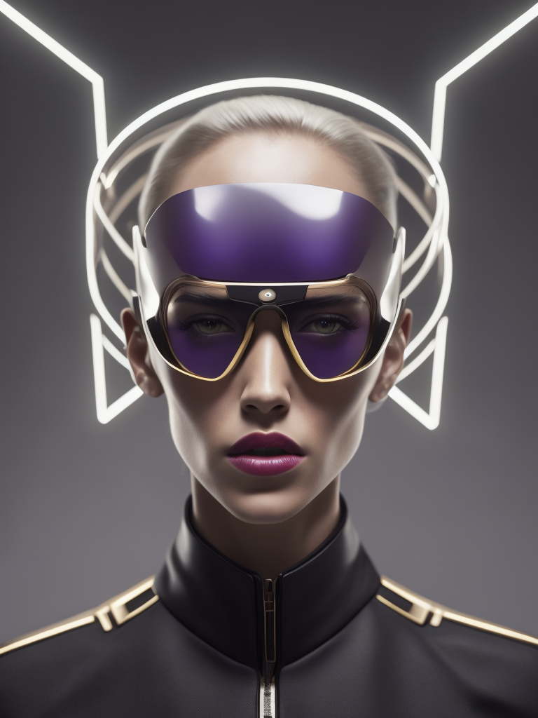 extremely detailed real photo with complex small details: thin beautifull super model in an elegant purple minimalistic suit couture, yellow details on uniform, clean grey color background, modern 1950's tight suit, wearing blow up sunglasses with futuristic see throug glass visor on top, hyper realistic, colored sharp lips, skin texture detailed, scifi, editorial fashion, Futuristic art, real person, futuristic fashion, sharp lines, light sources from above, cinematic lighting, smooth color grading, dynamic white, award winning photo, editorial photography, shot with PhaseOne camera