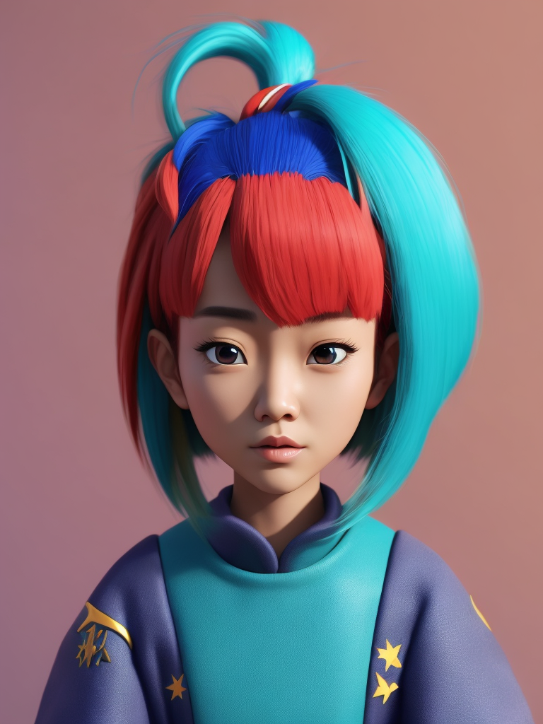 Cute 3d character, korean fashion, colorful hair, blender render, y2k, art toy, creative