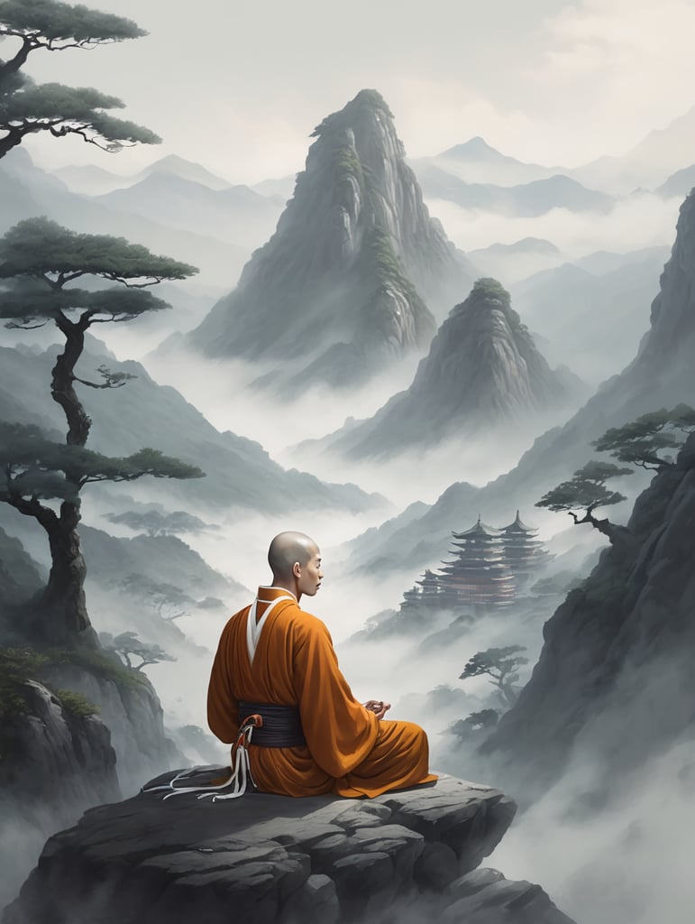 Anime Monk meditating in mountains