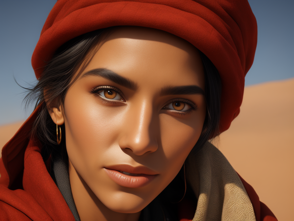a photorealistic image of an Berber woman from the Bible, noise ring, side view, brown eyes, olive skin, tanned, hair flowing in the wind, extremely detailed, realistic face, natural skin texture, extremely detailed skin with skin pores, peach fuzz, wearing red linen clothes, Israeli beauty, award winning photo, nikon d850 film archival photography, extremely detailed, amazing, fine details, rich color, texture hyper realistic, spectacular lighting, unreal engine, trending on artstation, 3 4 body view, realistic photo, RAW photo, high quality, high resolution, sharp