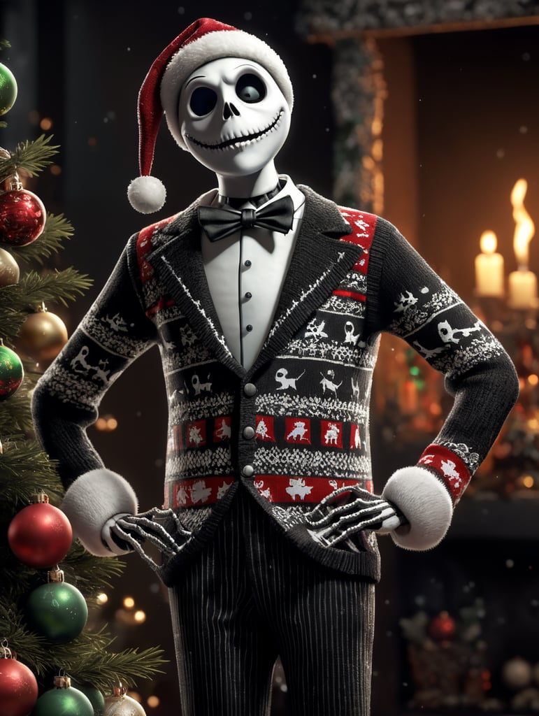 Jack Skellington standing wearing an ugly Christmas sweater