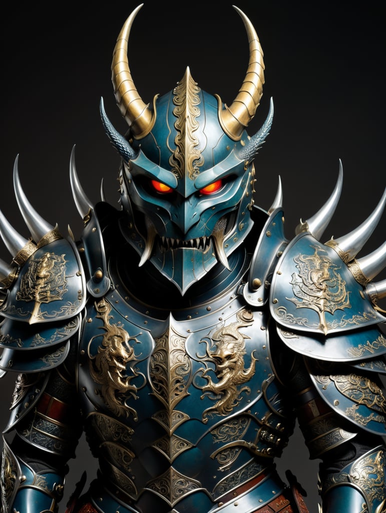 This set of armor has a pointed helm with half a face guard shaped like the eyes of a dragon. Attached to the forehead area is a tall, wing-like ornament piece. The shoulders are fairly pointy, wide and quite large. They're decorated with rows and rows of teeth, enemy teeth to be exact. The upper arms are protected by squared, layered metal rerebraces which sit nicely under the shoulderplates. The lower arms are covered by vambraces which have a row of hook-like barbs attached to each outer side. The breastplate is made from several layers of metal sheets, which perfectly sit just under the shoulderplates. It covers almost everything from the neck down and ending at the groin, but the sides are only covered near the bottom. The upper legs are covered by pointed, layered metal cuisses. The lower legs are protected by greaves which have a curved animal bone attached to each outer side, the bone curves upwards towards the pelvis.