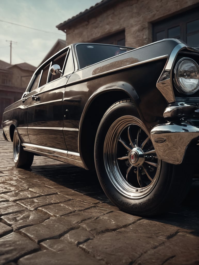 vinyl, car wheels, old car in the background