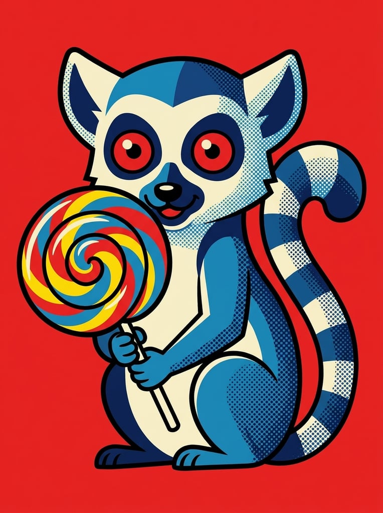 A stylized pop art illustration of a blue and white lemur with striking red eyes holding a colorful swirl lollipop against a solid, vibrant red background. The lemur is rendered in bold shades of navy, azure, and cream, with its fur depicted through crisp, graphic shapes. It grasps a white stick attached to a glossy lollipop featuring thick swirled bands of primary red, yellow, and blue. The artwork employs a retro screen print aesthetic, utilizing high-contrast flat colors combined with prominent halftone dot patterns that create shading along the right side of the lemur's body. The limited color palette of primary red, deep blues, and warm cream creates a striking, graphic visual impact with sharp, vector-like edges.