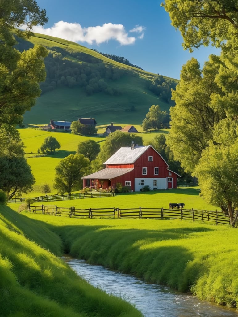 hirsute in the style of Quaint farm with rolling hills and grazing livestock