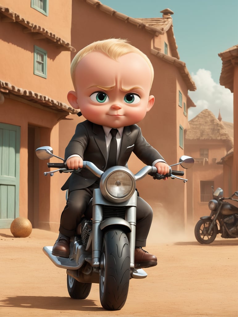 Boss baby Tom McGrath sitting on a motorbike