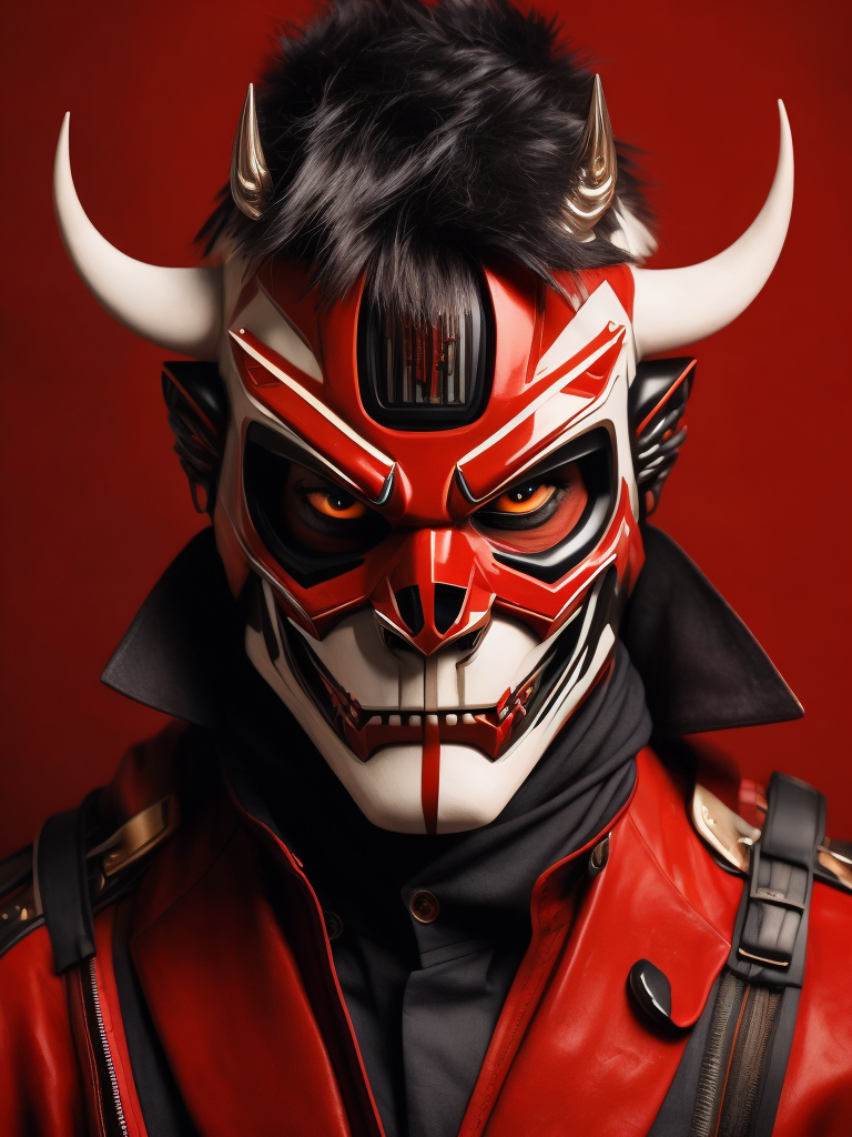 The hannya Samurai cyberpunk porcelain mask, fashion photoshoot, liquid red background