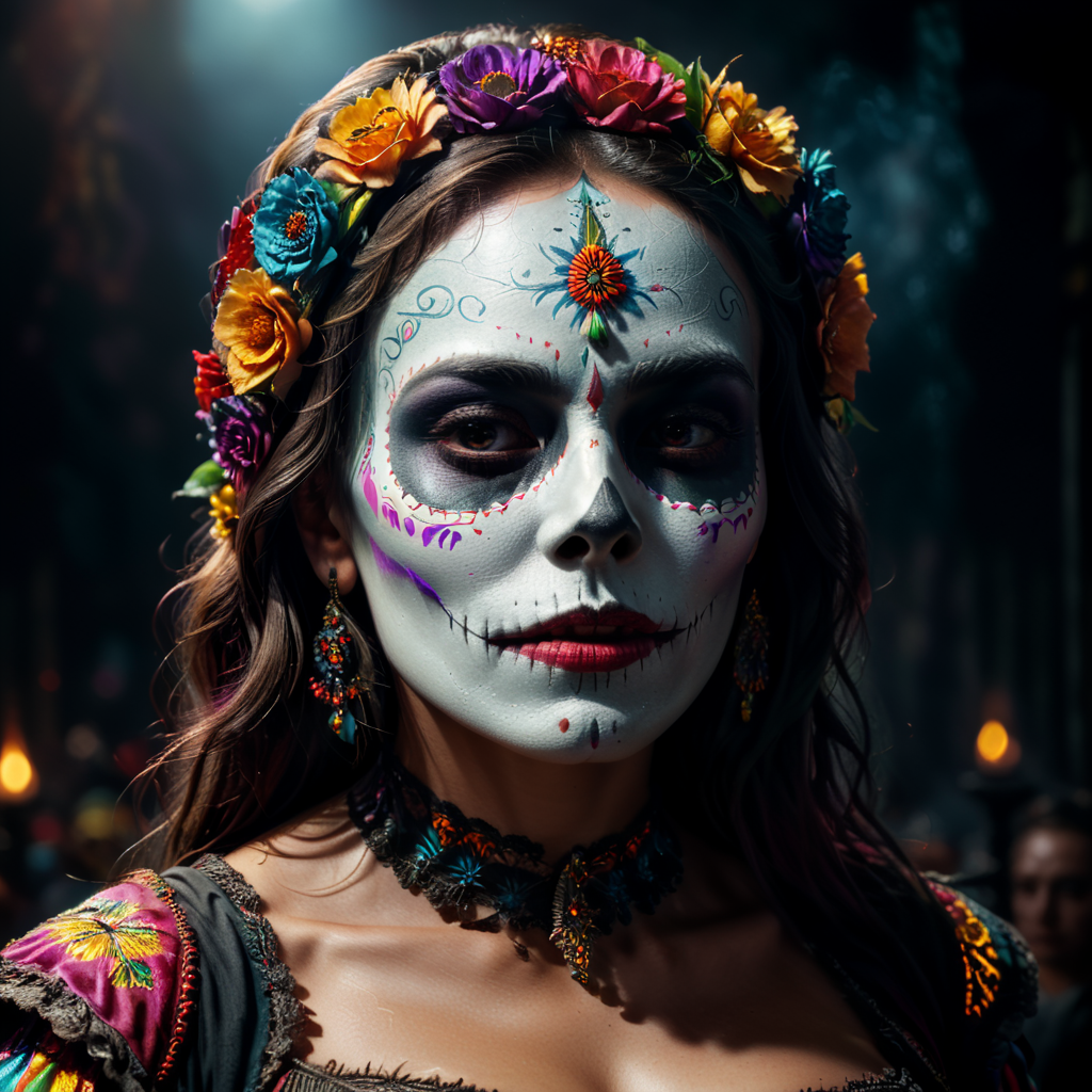 catrina in radiant collors, highly detailed. Tasteful and beautiful. 4k, cinematic, 3d render, realistic