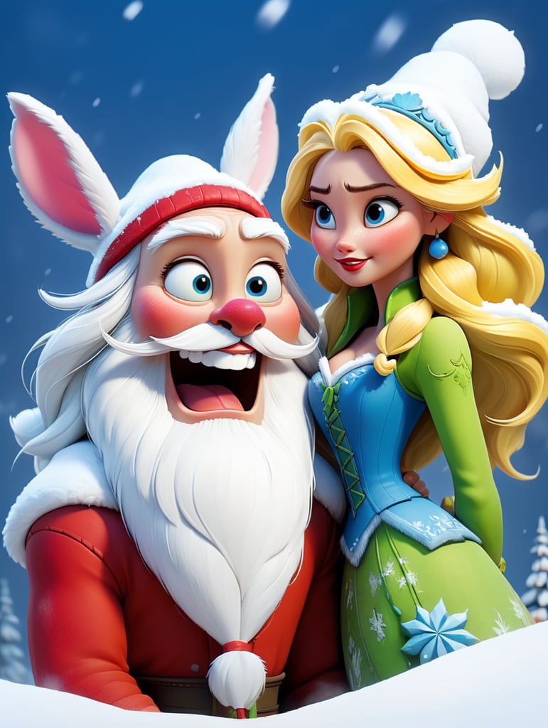 New year's card, Santa Claus and Snow Maiden, rabbit, deere, by Justin Gerard and Greg Rutkowski