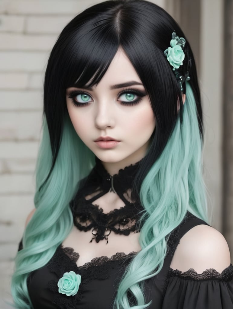 Cute goth girl with black dress black hair and seafoam eye colour