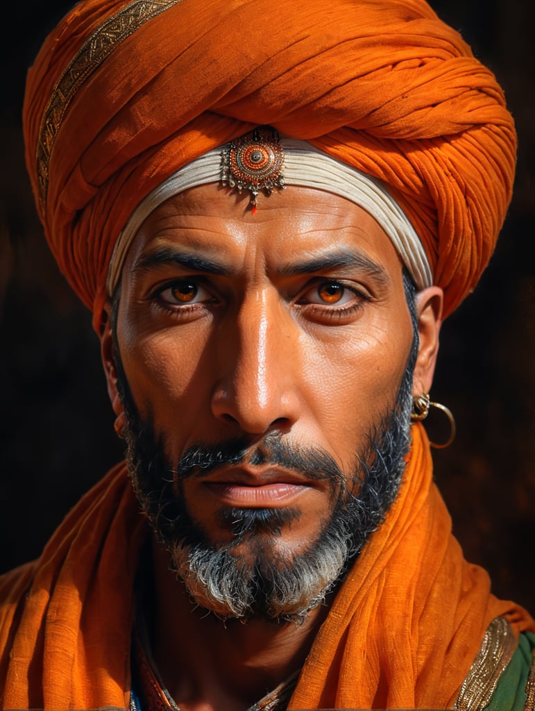 portrait of a striking Berber man in orange turban, Morocco, dramatic light, striking eyes