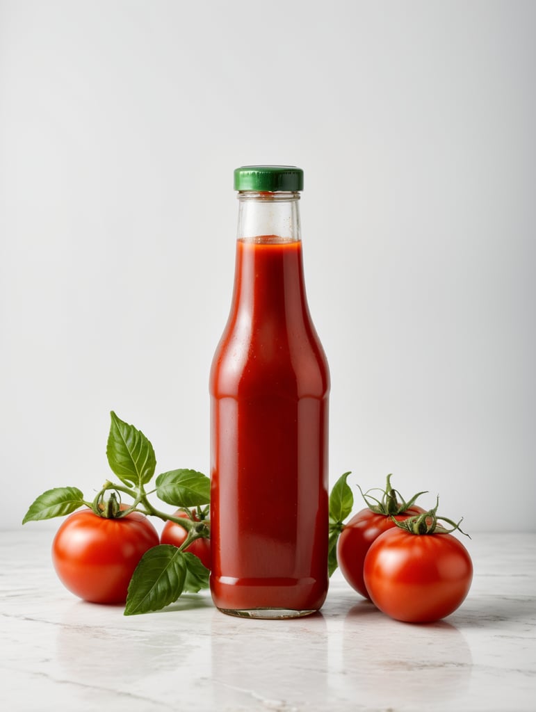 tomato ketchup bottle, red tomato with green leaves, isolated, white background, mockup