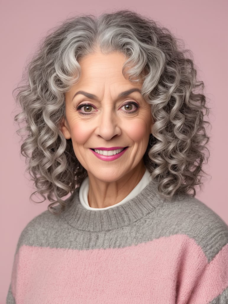 A 60 female year old high school English teacher with grey med curly hair , a grey ugly sweater ,a big nose, pink pants and wide ish eyes