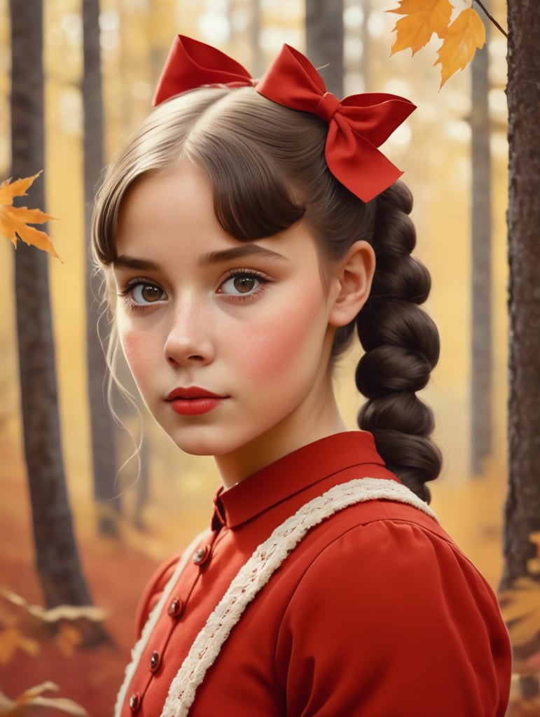 1960s portrait of soviet girl with bows and pigtails in red sundress, autumn forest, Genrih Valk illustration