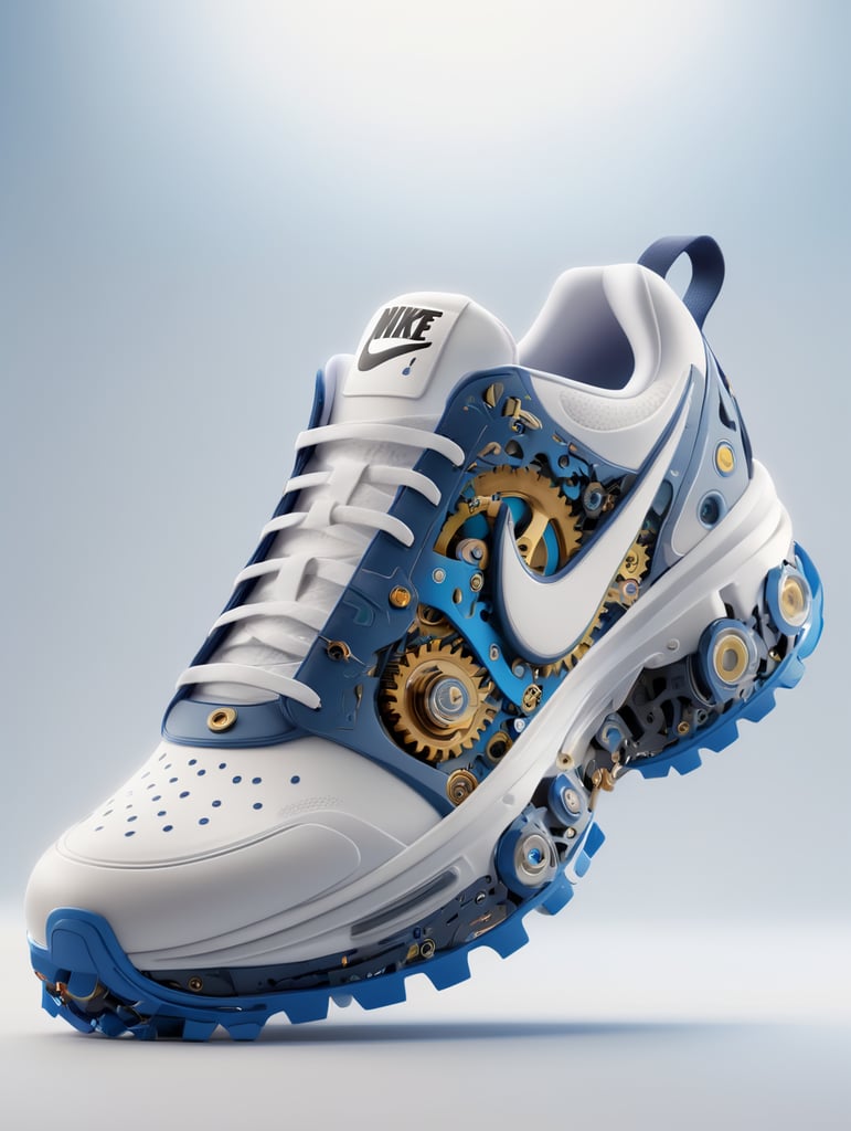 Nike sneakers made out gears, wires, mechanical, electronics, pcb, hyper-realis, futurist, stunning unreal engine render, product photography 8k, hyper-realistic. surrealism