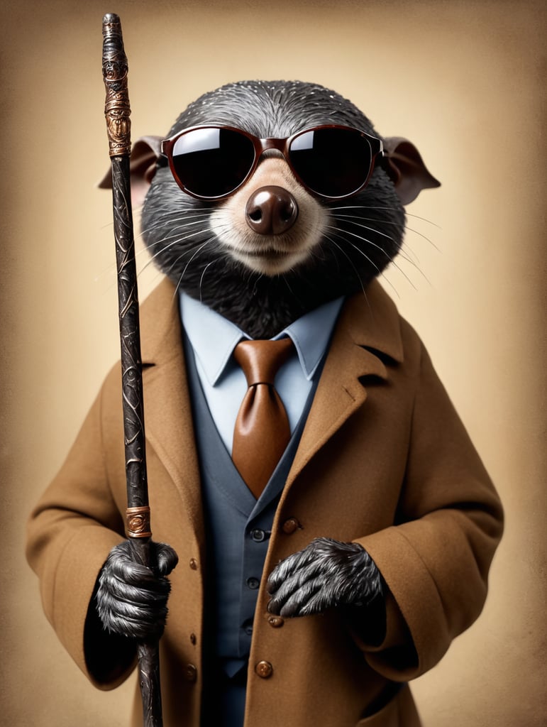 In the image, there is an intriguing blind mole, elegantly attired with sunglasses perched atop his nose, a walking stick in his hand, and a blindfold gently resting on his arm. This striking portrait, perhaps a photograph, captures the essence of the mole's condition with remarkable clarity. The mole's fur is depicted in various hues, displaying a mix of soft browns and velvety grays, while the sunglasses, meticulously crafted, exude an air of sophistication. The walking stick, elaborately carved and polished, adds an element of dignity to the mole's posture. Overall, this exquisitely detailed image invites viewers to contemplate the unique perspective and resilience of this fascinating creature.