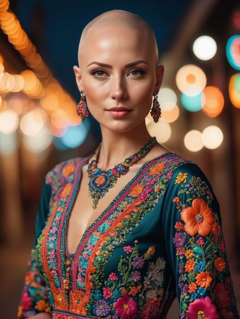 Beautiful hot bald woman with freckles, wearing a colorful, vibrant, detailed embroidered dress, medium-full shot, at night