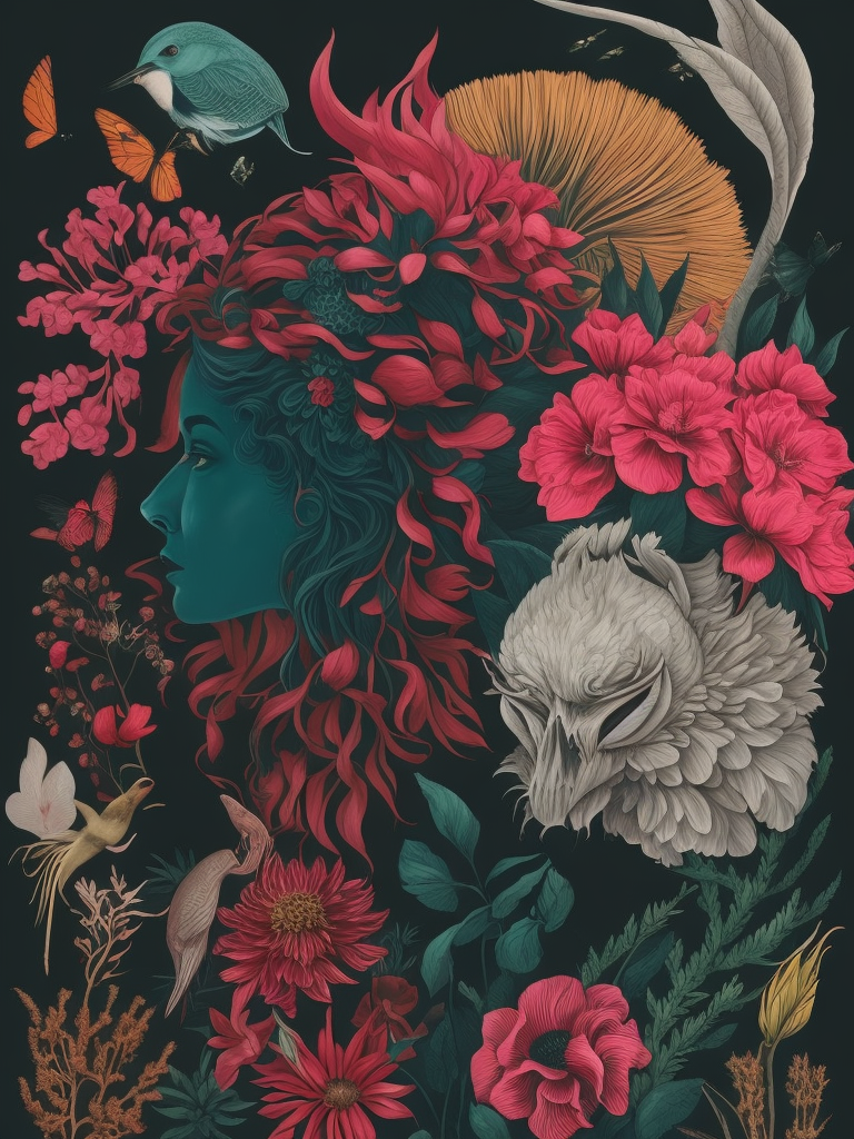 art gallery ephemera artworks by liao lan, in the style of surrealist collage, digital mixed media, maria sibylla merian, exaggerated anatomy, dark pink and cyan, marine biology-inspired, henri rousseau