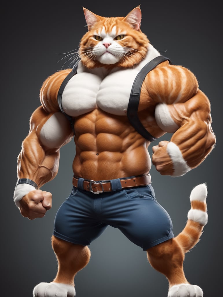 a heavily muscular bodybuilding ginger tabby cat with huge bulging muscles and a white belly in a bold builder arm muscle flexing pose