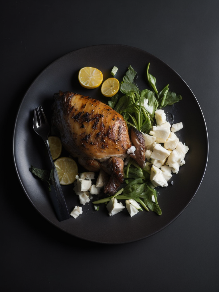 Chicken and Goat Cheese dish, photo, top view, dark plate, dark table