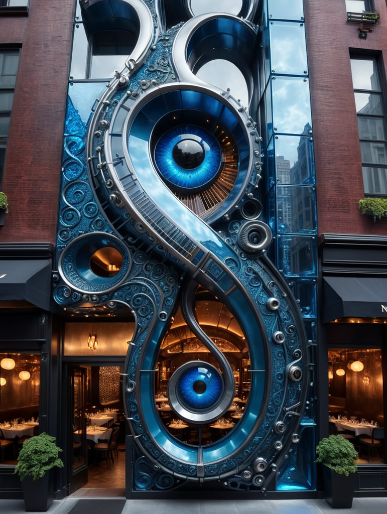 A futuristic neocosmic architectural facade of à Restaurant on the form of a musical note, in New York city, in blue glass, hyper realistic, hyper detailed, Nikon camera