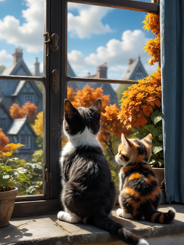 Back view of a small black and white kitten sitting on a windowsill, next to a small ginger kitten and a small tortoiseshell kitten. All looking out of a window at an autumnal garden. With a blue sky.