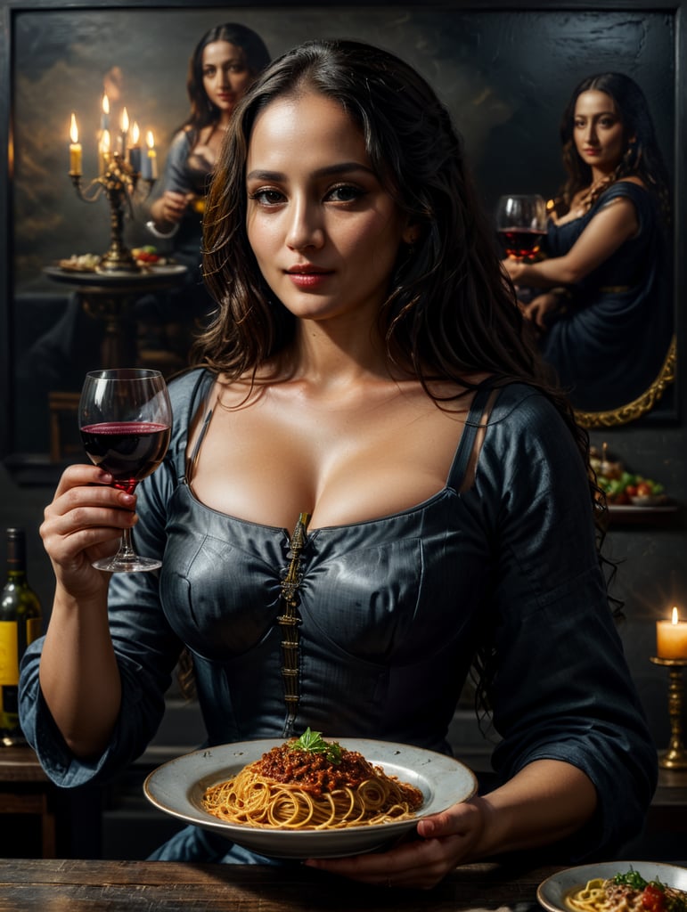 monalisa painting holding a glass of wine while having a plate of spaghetti as lunch