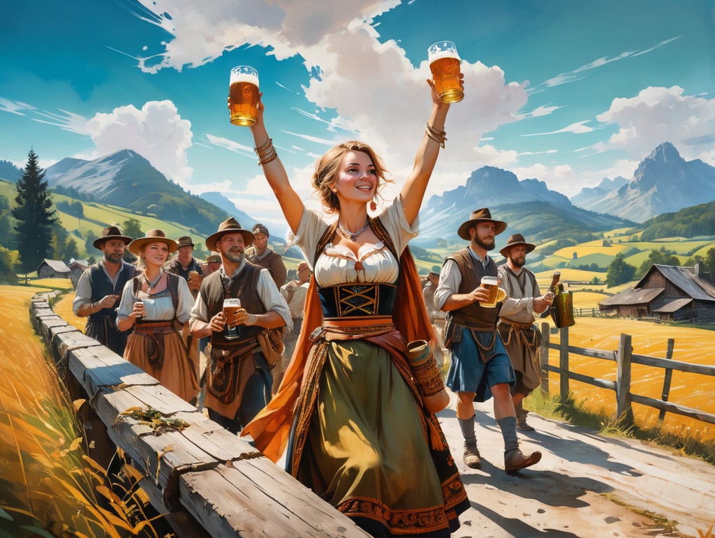 anglo saxon woman on Cute Poster Art for Oktober Fest in the German countryside, girl dressed in traditional tracht and drinking beer, new exciting angle