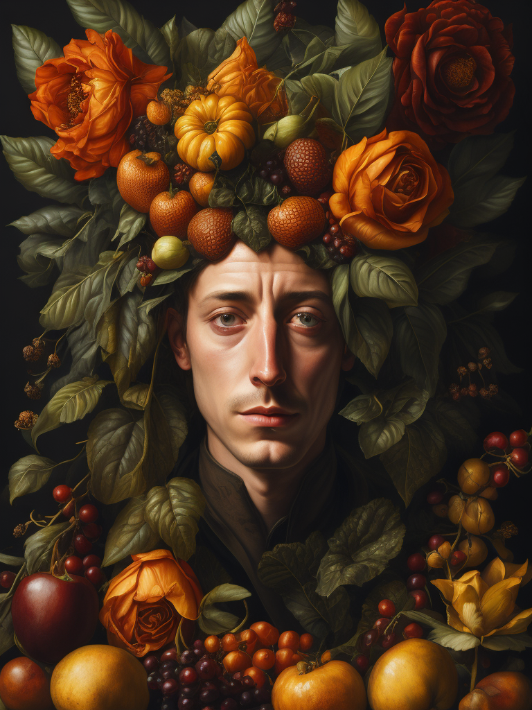 a painting of Jeremy Allen White's head surrounded by flowers and fruit, Painting, Oil, Still Life, Botanical, Italy, style of Giuseppe Arcimboldo