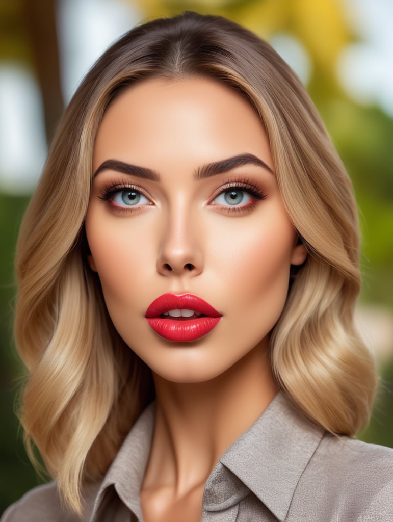 Portrait of a beautiful girl posing in front of the camera with abnormally ((huge Botox-pumped lips)), glamor photo, professional shot, bright colors, magazine cover, (goofy but businesslike expression), fashion, sharp focus, dramatic lighting, depth of field, incredibly high detail, blurry natural background