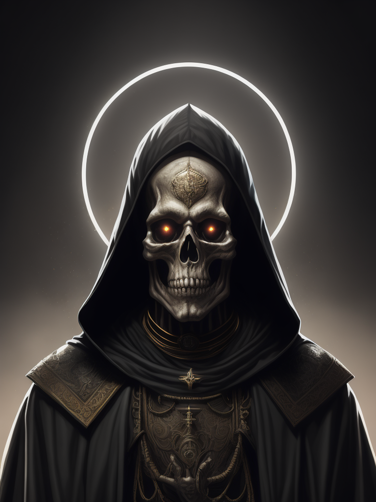 black ink illustration of a skeleton pope with a glowing halo around his head, black background, highly detailed, gig poster style