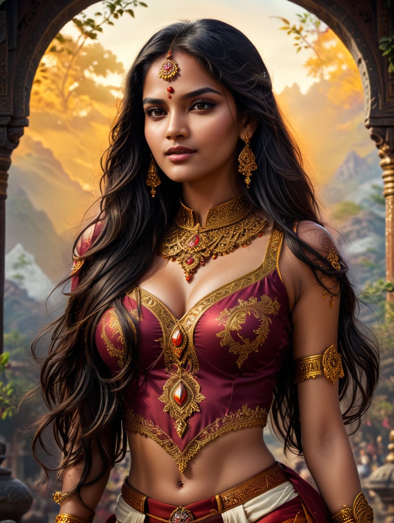 3D cartoon Disney character portrait render. A stunning Indian beauty, adorned in traditional Selvaar Kameej clothes, which accentuate her hourglass figure and graceful movements. Her long, black hair cascades down her back in gentle waves, framing her flawless, warm-toned complexion. Her piercing dark eyes seem to hold a world of wisdom and beauty, captivating the viewer instantly. She wears a sleeveless, off-white blouse with intricate embroidery at the neckline and cuffs, complemented by a pair of flowy, ankle-length pants in a rich shade of burgundy. The pants are fashioned from fine, silky material and feature intricate gold embroidery running along the hem, drawing attention to her slender legs. A thin gold belt accentuates her narrow waist, further enhancing her feminine figure. Around her head, she wears a bright orange and gold stole, draped artfully over her shoulders and cascading down her back. Jewelry adorns her ears, neck, wrists, and fingers, with a large, intricately designed gold pendant hang