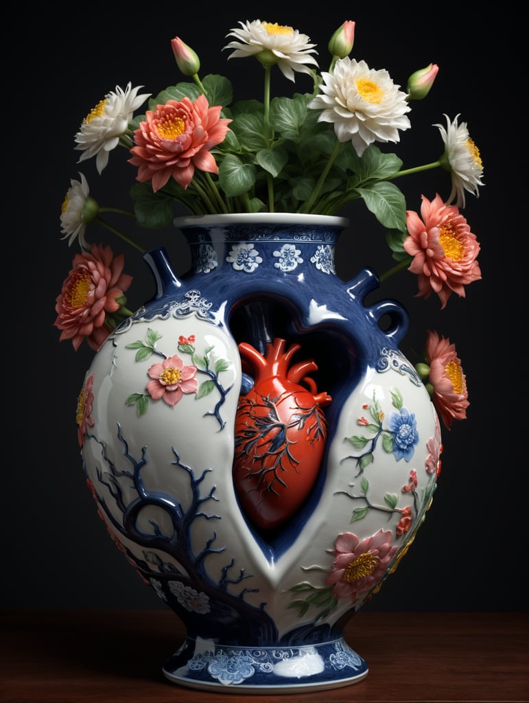 Chinese porcelain human heart vase, with flower